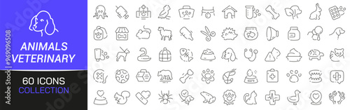 Animals and veterinary line icons collection. Thin outline icons pack. UI icon collection. Set of line web pictogram