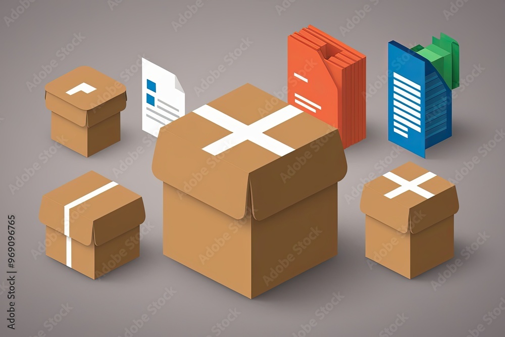 Fototapeta premium Personalized 3D Box Graphic Icons for Storage and Document Packaging