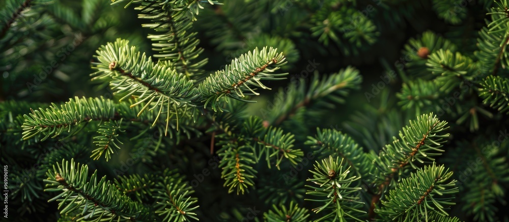 Close up of evergreen tree branches providing a green textured backdrop of nature. with copy space image. Place for adding text or design Close up of evergreen tree branches providing a green textured backdrop of nature. with copy space image. Place for adding text or design
