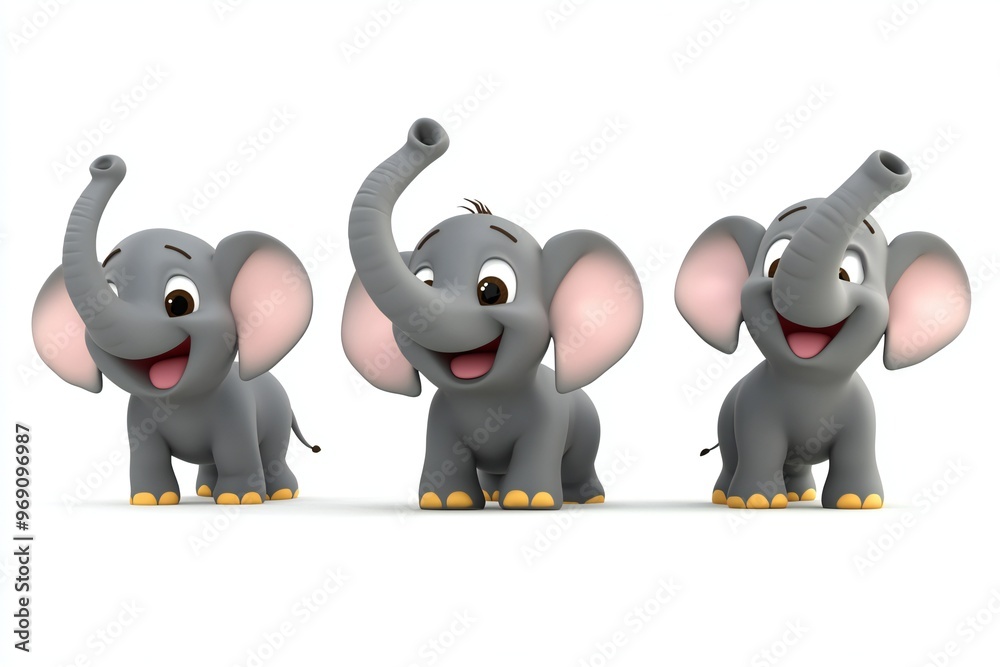 Set of 3D cute happy cartoon elephant, isolated on white background Set of 3D cute happy cartoon elephant, isolated on white background