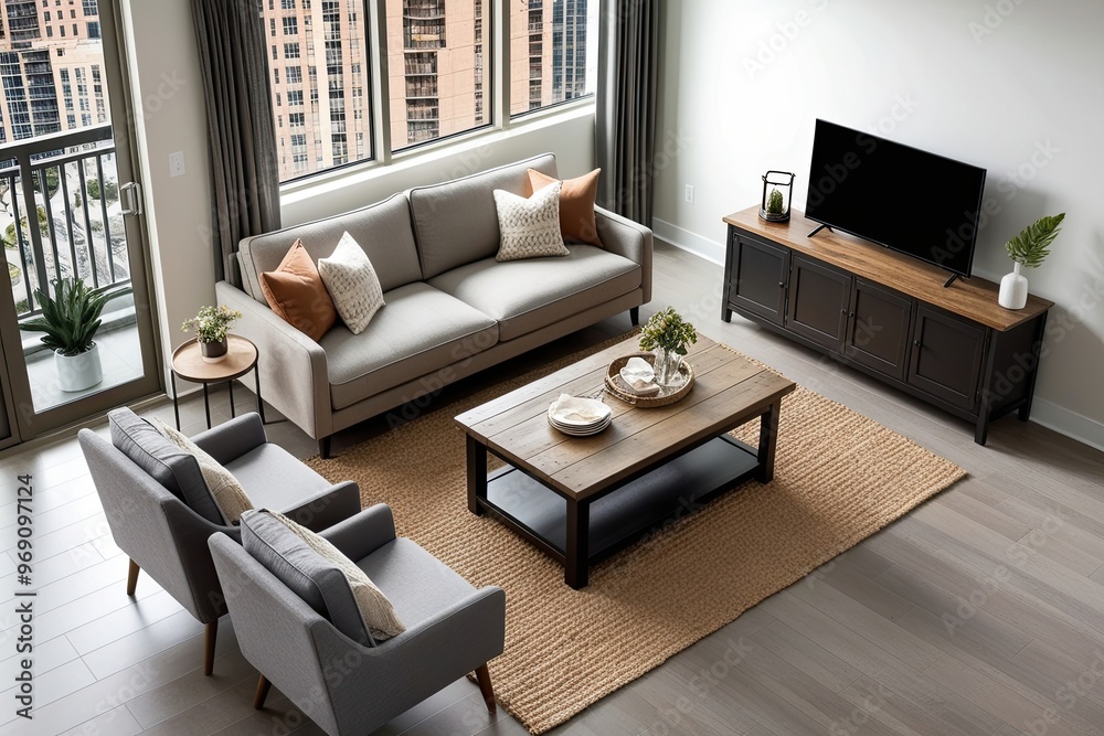 3D Visualization of Modern Condo Living Room Featuring Fabric Sofa Farmhouse Coffee Table and Woven Jute Rug from Above 3D Visualization of Modern Condo Living Room Featuring Fabric Sofa Farmhouse Coffee Table and Woven Jute Rug from Above