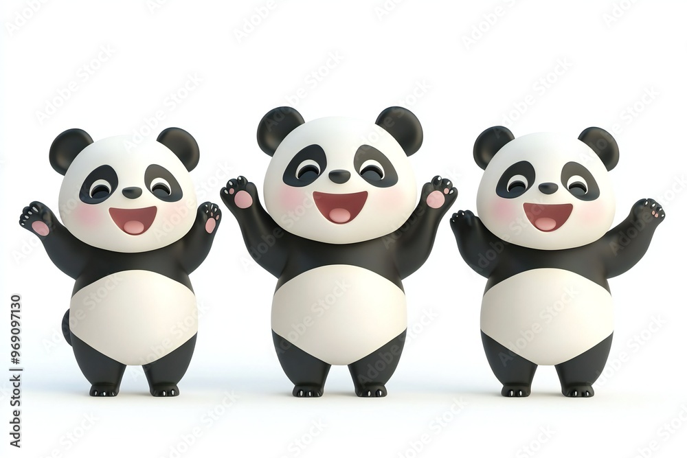 Set of 3D cute happy cartoon panda, isolated on white background Set of 3D cute happy cartoon panda, isolated on white background