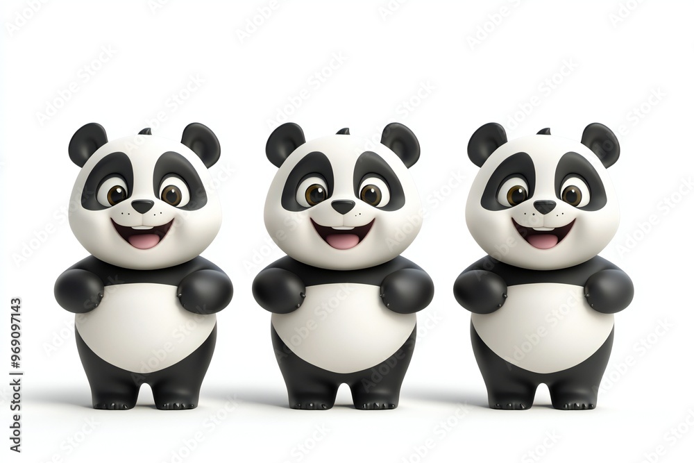 Obraz premium Set of 3D cute happy cartoon panda, isolated on white background
