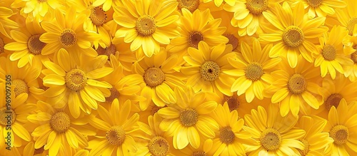 yellow daisies on a yellow backdrop top view. with copy space image. Place for adding text or design