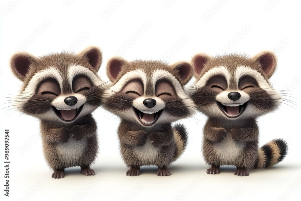 Set of 3D cute happy cartoon racoon, isolated on white background