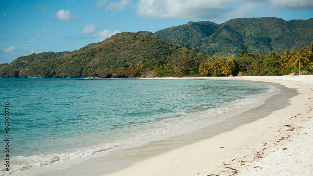 Idyllic beach with clear water and lush green hills Idyllic beach with clear water and lush green hills