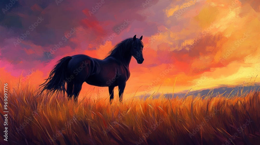 Majestic black horse in a golden wheat field at sunset, serene landscape. Nature and tranquility concept Majestic black horse in a golden wheat field at sunset, serene landscape. Nature and tranquility concept