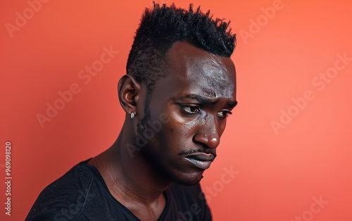 Depressed African Male Portrait on Coral Background, JPG Portrait image.