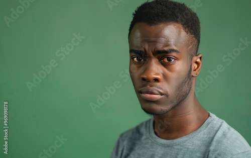 African Man with Serious Expression Isolated on Green Background, JPG Portrait image.