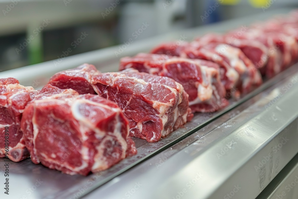 Raw Meat Chunks On Conveyor Belt In Food Production Facility Raw Meat Chunks On Conveyor Belt In Food Production Facility