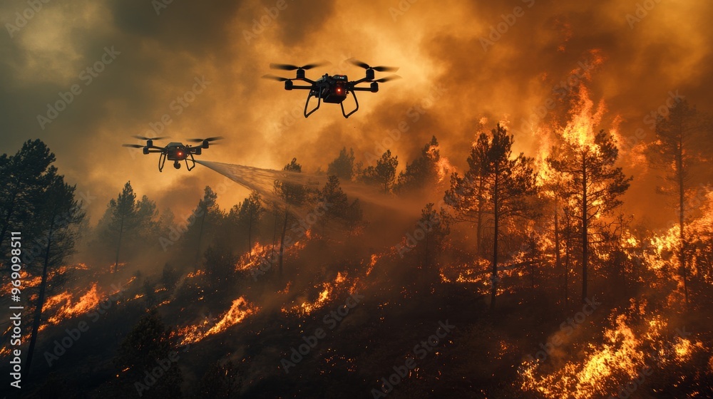 Autonomous drone firefighting technology in action: Firefighting drones spraying water or foam over a forest fire. Autonomous drone firefighting technology in action: Firefighting drones spraying water or foam over a forest fire.