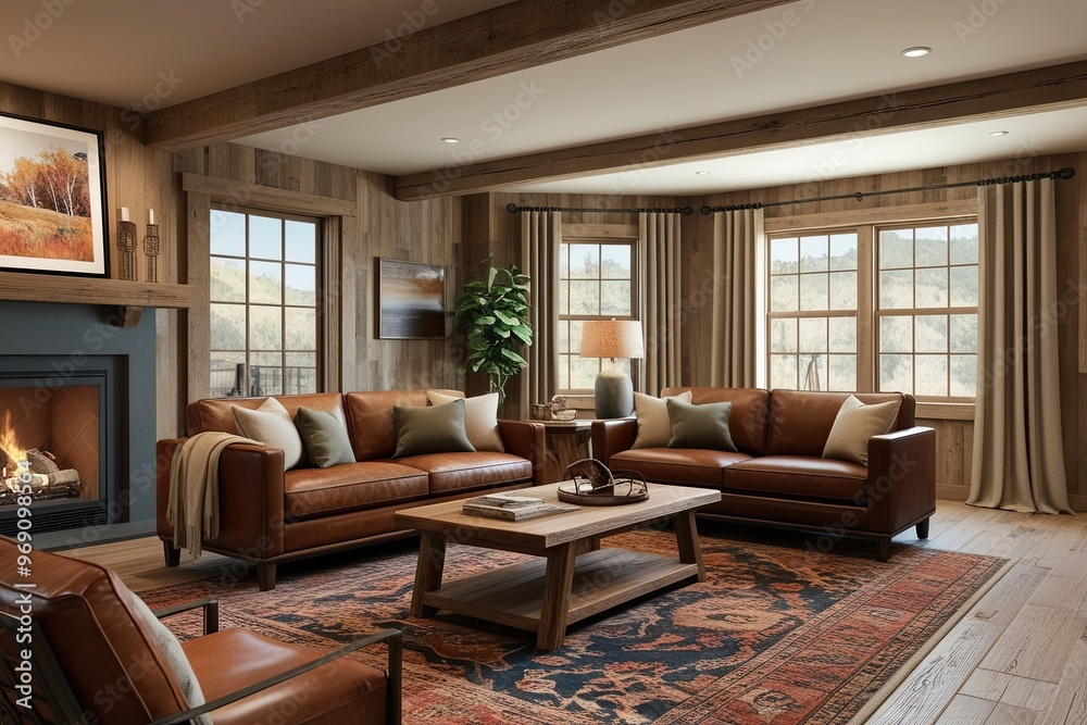 Stylish 3D Visualization of a Cozy Rustic Retreat Featuring a Leather Sofa Wooden Coffee Table and Decorative Area Rug Stylish 3D Visualization of a Cozy Rustic Retreat Featuring a Leather Sofa Wooden Coffee Table and Decorative Area Rug