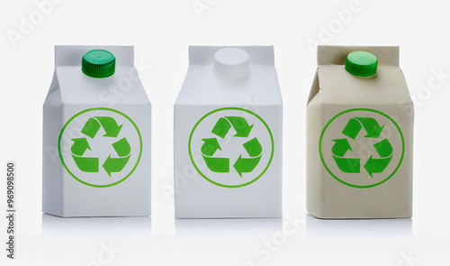 aseptic paper packaging for milk with recycling sign; isolated on white background