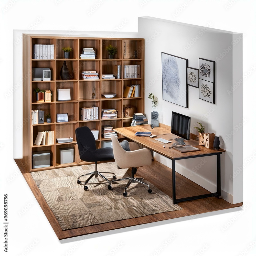 Modern Study Room 3D Render: Sleek Desk, Ergonomic Chair, and Built-in Bookshelves on Isolated White Background Modern Study Room 3D Render: Sleek Desk, Ergonomic Chair, and Built-in Bookshelves on Isolated White Background
