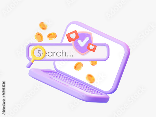 3D  laptop with a magnifying glass and protection icon, symbolizing search and security. Coins represent financial success. For SEO, marketing, and web design projects. 