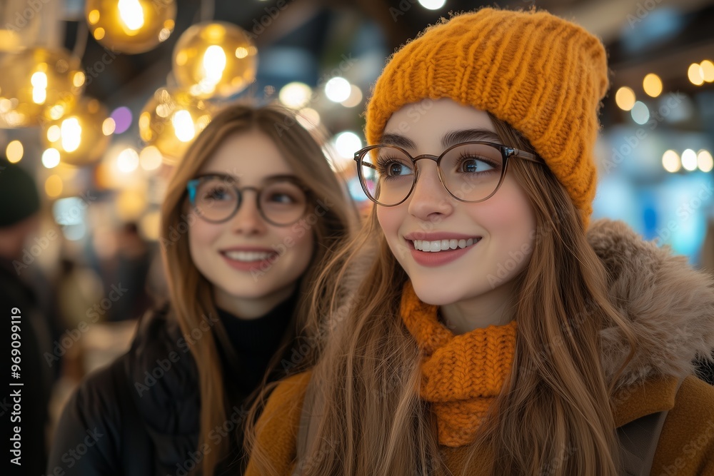 Two cheerful young women dressed in vibrant yellow knit hats and cozy scarves, enjoying a winter market. Two cheerful young women dressed in vibrant yellow knit hats and cozy scarves, enjoying a winter market.