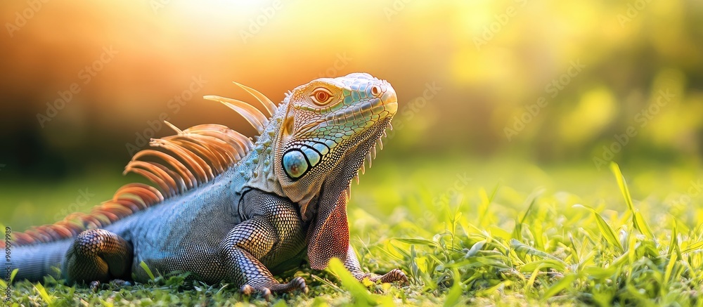 Fototapeta premium Mexican Iguana sunbathing on a sunny afternoon. with copy space image. Place for adding text or design