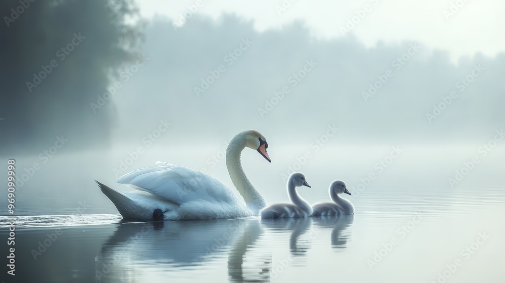 A graceful swan family gliding together on a serene lake, with the adult swans leading and the cygnets following closely behind A graceful swan family gliding together on a serene lake, with the adult swans leading and the cygnets following closely behind