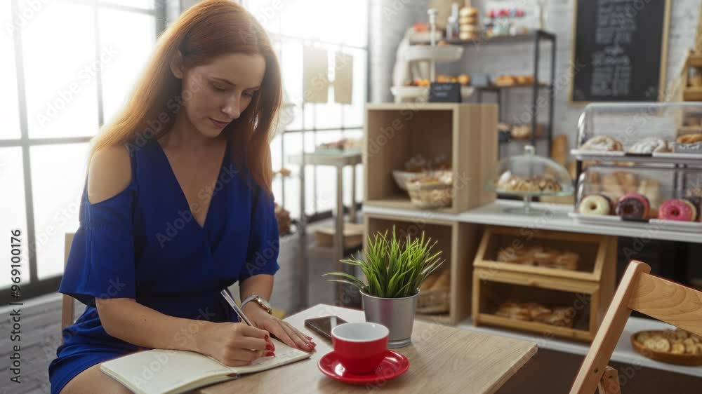 Young woman writing in a notebook in a bakery cafe, surrounded by pastries and a cup of coffee on the table Young woman writing in a notebook in a bakery cafe, surrounded by pastries and a cup of coffee on the table