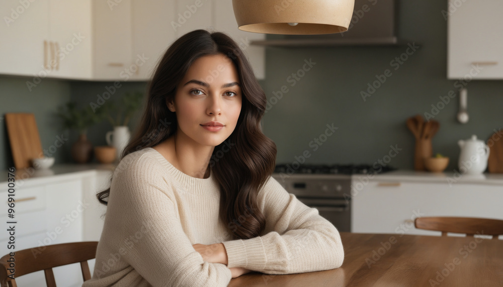 Elegant Young Woman in Cozy Kitchen Setting Elegant Young Woman in Cozy Kitchen Setting