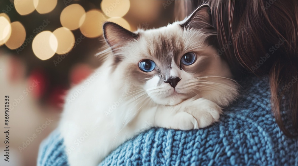 A Ragdoll cat with blue eyes rests on a woman's shoulder, blurred Christmas lights in the background.