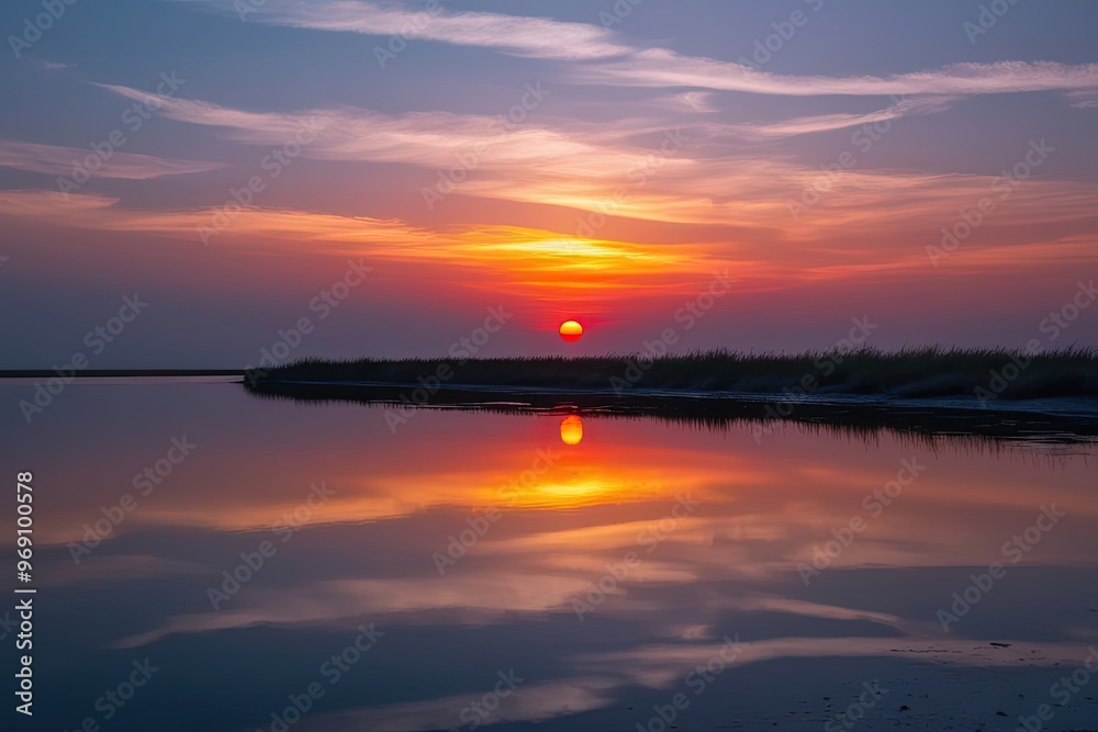 Obraz premium Serene Sunset Reflected Over Peaceful Water on Isolated Backdrop