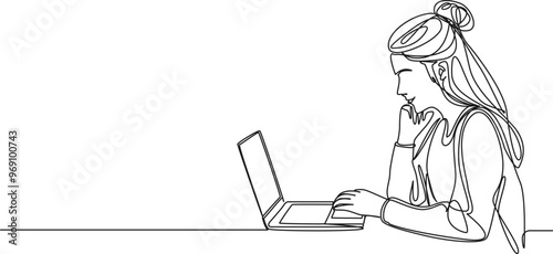 continuous single line drawing of female student using laptop computer, line art vector illustration