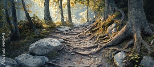 A hiking trail among the tr...