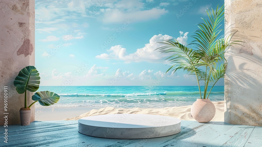 Obraz premium tropical beach podium for summer product displays, featuring a sand and sea background with blue skies, stone pedestal, and water mockup elements perfect for beauty presentations and nature-inspired