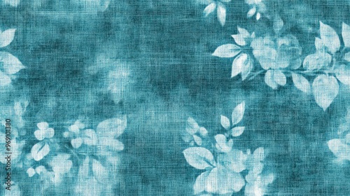 Aegean teal mottled floral linen texture background Summer coastal living style two tone fabric effect Sea green wash distressed grunge material Decorative floral motif textile seamless pattern