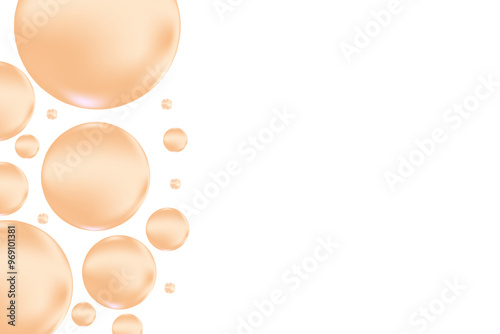 Glowing nude beige liquid 3D bubbles or fluid serum droplets isolated on transparent background. Aesthetic composition for cosmetology, beauty science, skin care molecular concept.