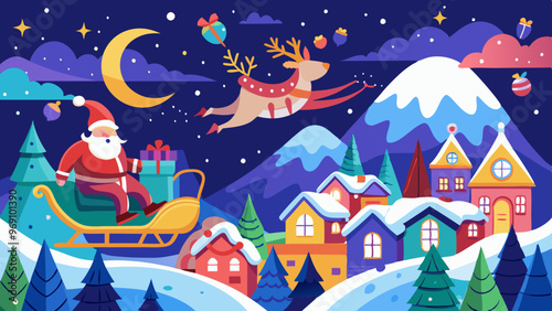 Santa Claus riding a sleigh with reindeer over a winter village, festive Christmas illustration