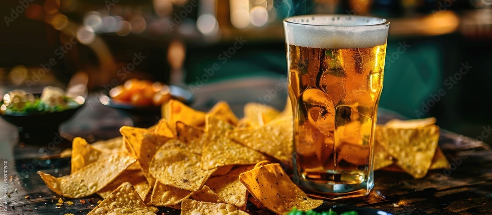 A glass of beer alongside nacho chips set against an abstract background. with copy space image. Place for adding text or design A glass of beer alongside nacho chips set against an abstract background. with copy space image. Place for adding text or design