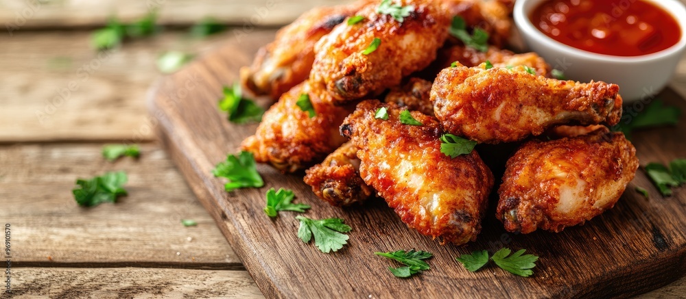 Crispy fried chicken wings and nuggets made at home on a rustic wooden board viewed from above Flat lay Copyspace available