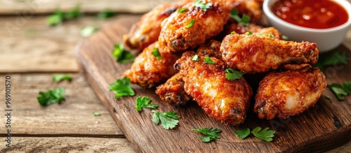 Obraz na płótnie Crispy fried chicken wings and nuggets made at home on a rustic wooden board viewed from above Flat lay Copyspace available w salonie