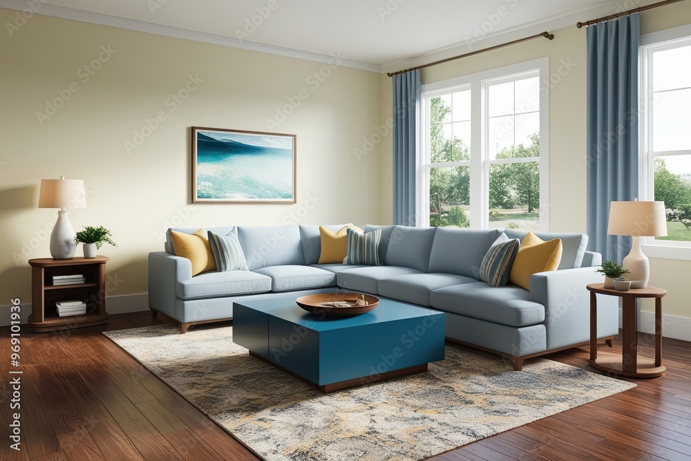 3D Model of a Bright Family Room with Sectional Couch, Coffee Table, and TV Stand in a Welcoming Setup 3D Model of a Bright Family Room with Sectional Couch, Coffee Table, and TV Stand in a Welcoming Setup
