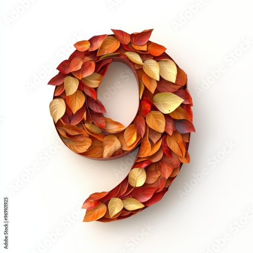 3D number 9 with autumn leaves texture realistic modern design, soft lighting, white background.  photo