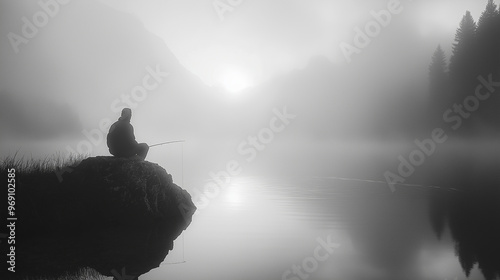 Dramatic mid-range view of a fisherman at sunrise on a lake, shot with Ilford HP5 Plus film, highlighting silhouette effect, cool vintage tones, and serene reflections on the calm water photo