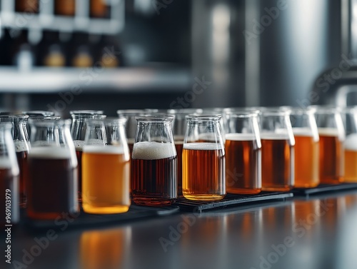 A selection of various craft beers in small tasting glasses, lined up on a reflective surface in a brewery setting.