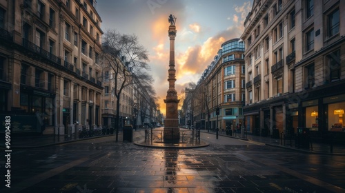 Golden Hour Sunset Cityscape with Historic Statue