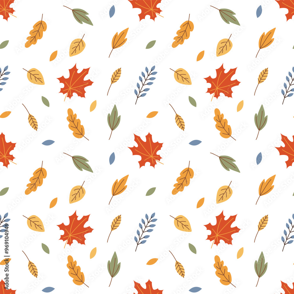 Fototapeta premium Autumn seamless pattern with falling colorful leaves on white background. Fall background