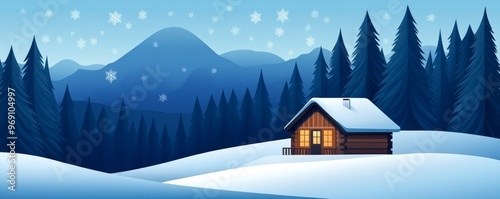 A cozy cabin nestled in a snowy landscape, surrounded by pine trees and mountains under a serene, starry sky. photo