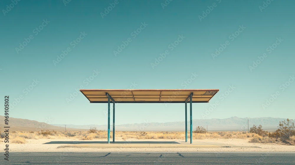 A lonely bus stop in the middle of a vast desert, with no vehicles or people nearby. A lonely bus stop in the middle of a vast desert, with no vehicles or people nearby.