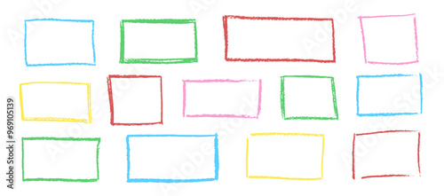 Set of wax pencil hand drawn frames. Collection of writing by children pastel rectangular and square geometric shapes. Vector illustration. Colorful doodle style outline text boxes with grunge texture