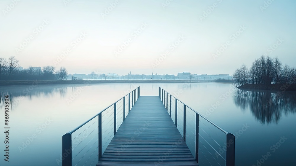 A minimalist steel bridge stretching across a calm river, with a cityscape in the distance. A minimalist steel bridge stretching across a calm river, with a cityscape in the distance.