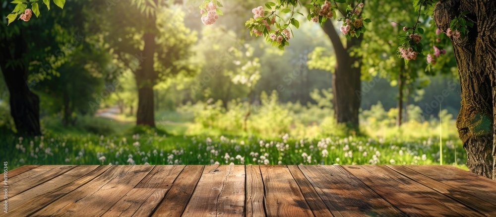 wooden table in front of a landscape featuring spring blossom trees Product display and presentation. with copy space image. Place for adding text or design wooden table in front of a landscape featuring spring blossom trees Product display and presentation. with copy space image. Place for adding text or design