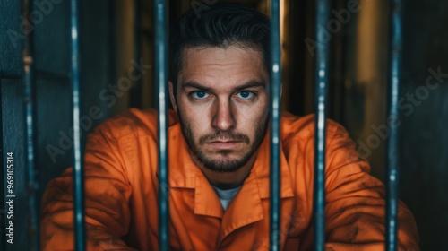 Thoughtful prisoner in an orange prison uniform gazes intently through cold metal bars of dim cell photo