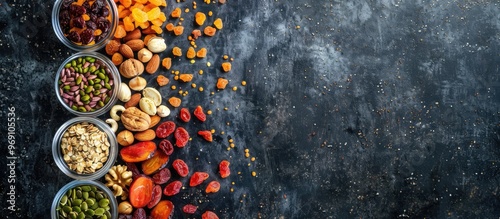 Fototapeta Naklejka Na Ścianę i Meble -  A variety of dried fruits and nuts on a dark stone table featuring copy space