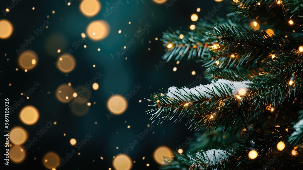 Beautiful close-up of a Christmas tree with sparkling lights and snow, creating a magical winter atmosphere. Beautiful close-up of a Christmas tree with sparkling lights and snow, creating a magical winter atmosphere.