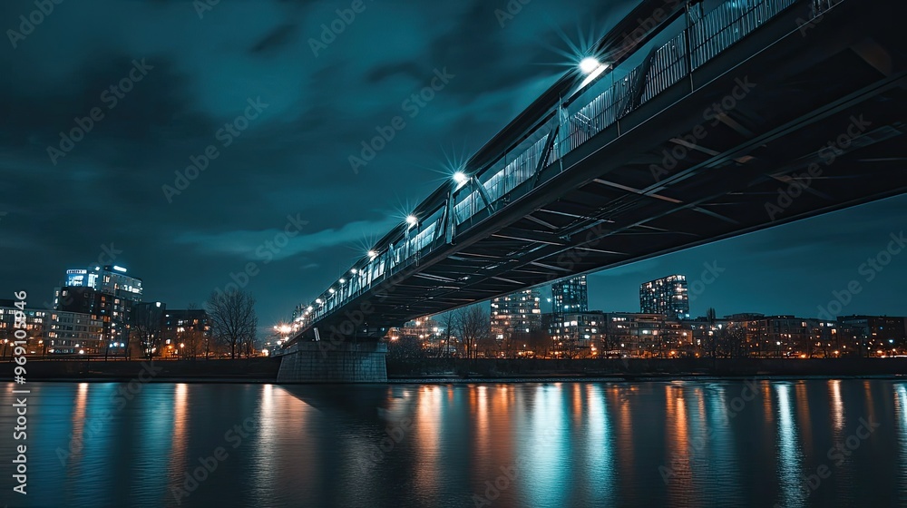 Fototapeta premium A modern metal bridge illuminated by city lights, spanning a wide river at night.